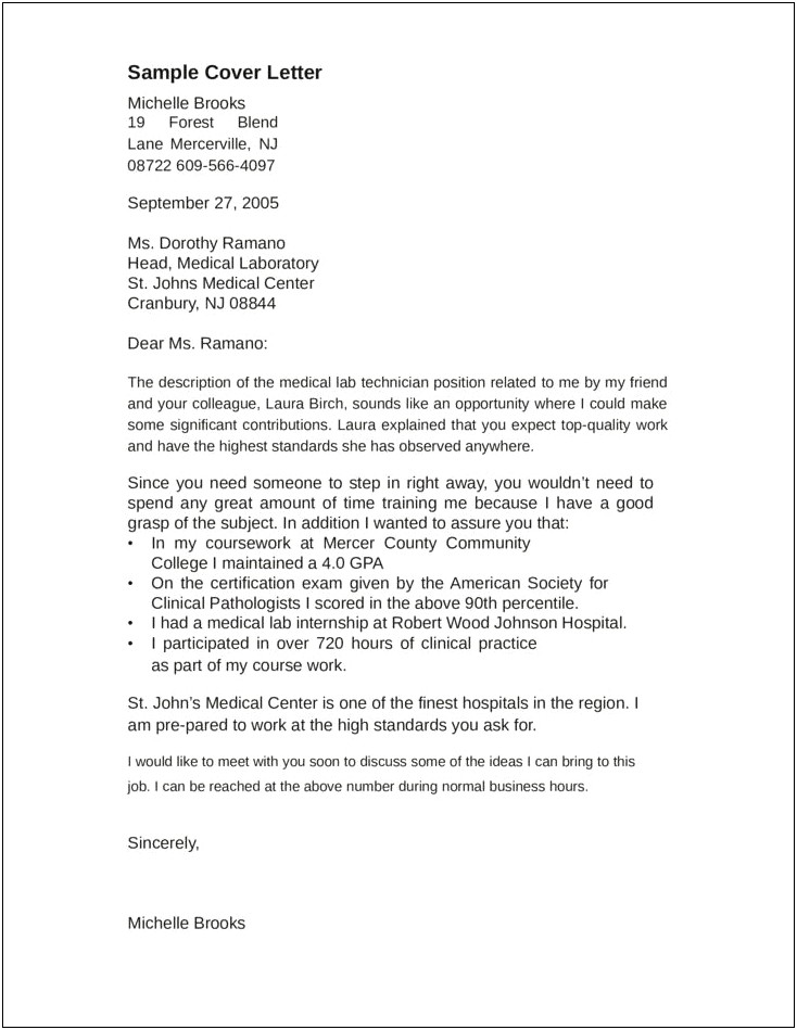 Medical Laboratory Director Resume Cover Letter
