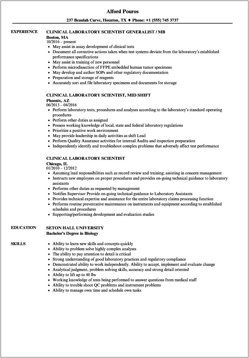 Medical Laboratory Scientist Resume For No Experience