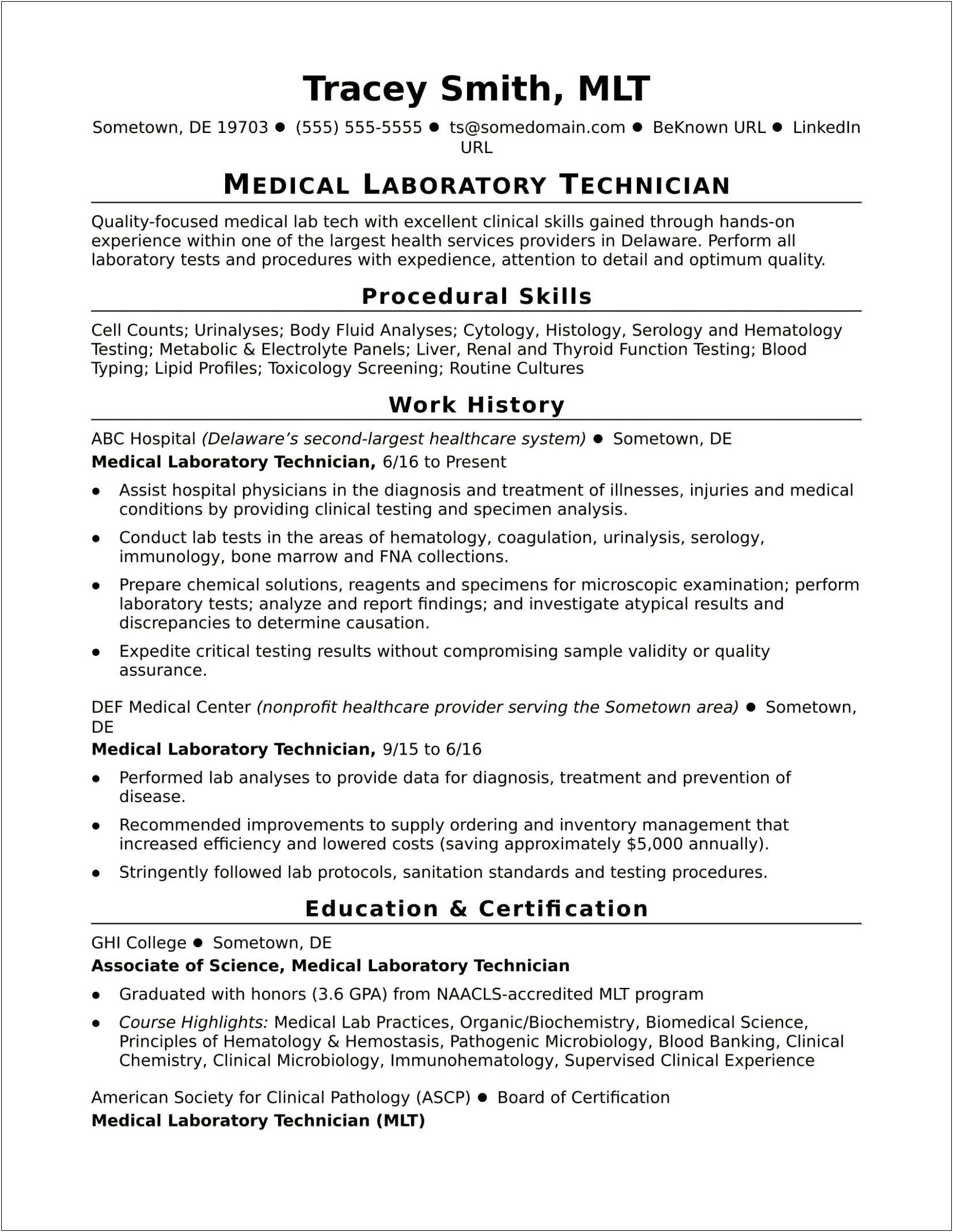 Medical Laboratory Technologist Job Resume