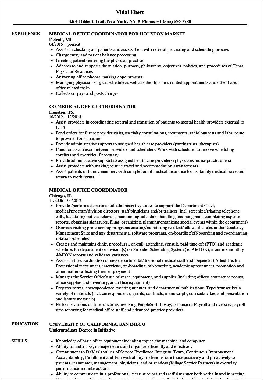 Medical Office Coordinator Job Description Resume