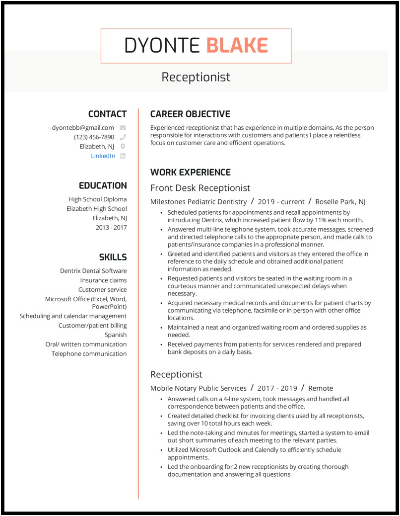 Medical Office Receptionist Resume No Experience