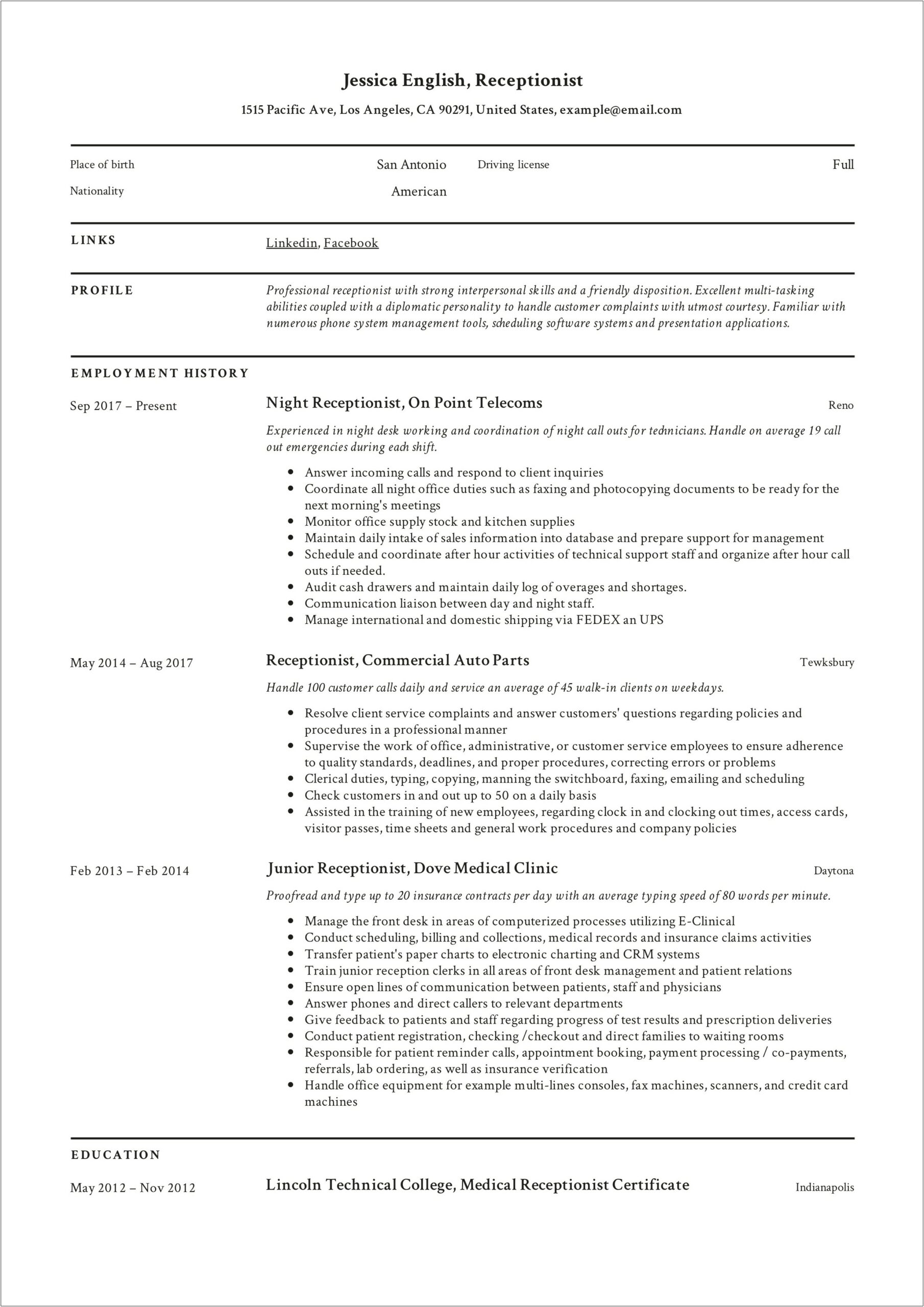 Medical Receptionist Job Objective Resume