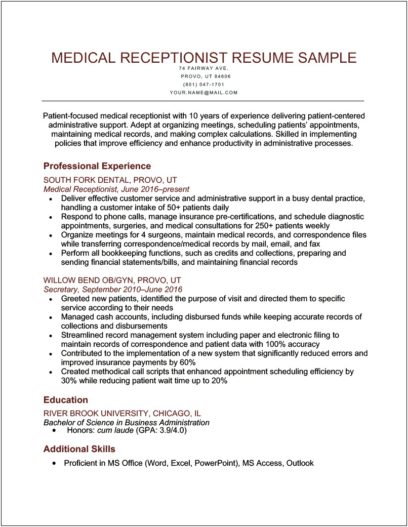 Medical Receptionist Resume Examples 2018