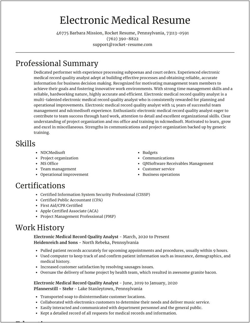 Medical Record Analyst Resume Sample