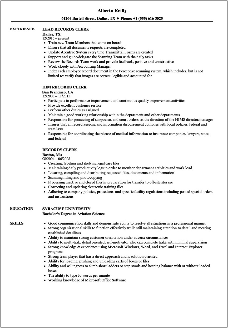 Medical Records Clerk Resume Examples