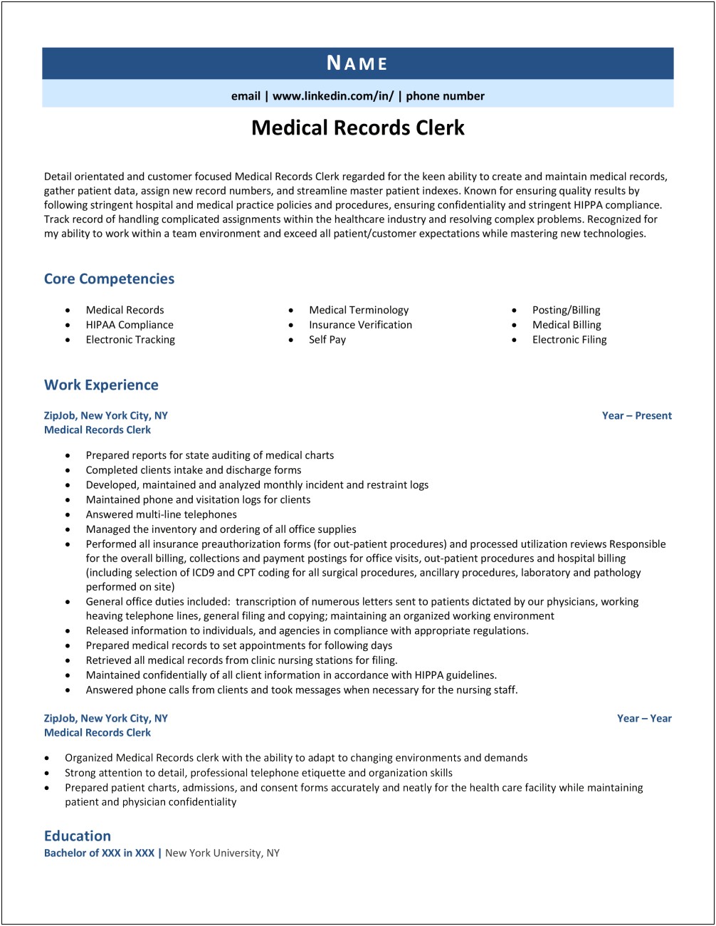Medical Records Clerk Resume Objective