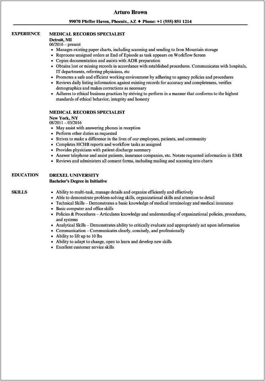 Medical Records Job Description Resume