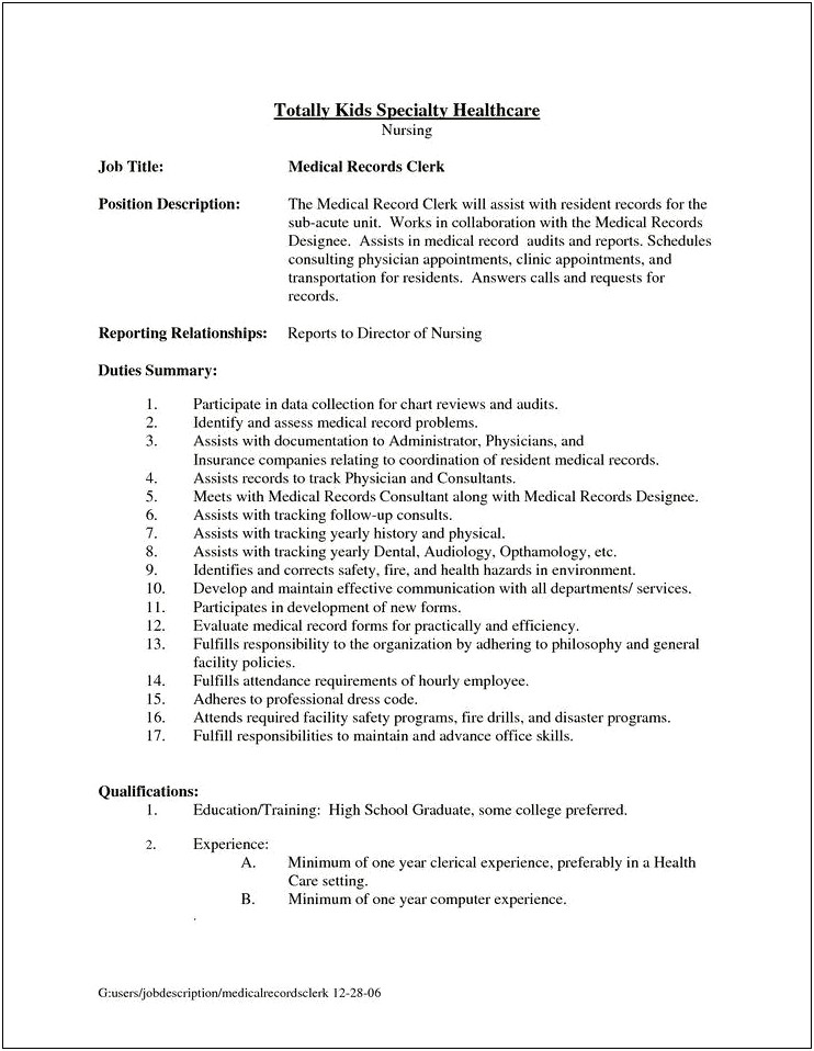 Medical Records Manager Resume Sample