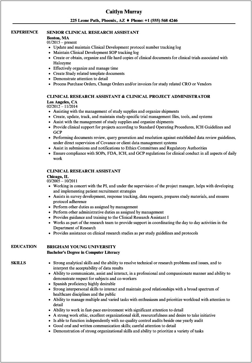 Medical Research Assistant Job Description For Resume