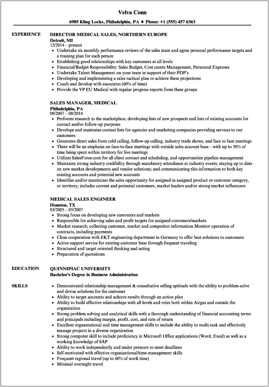 Medical Sales Consultant Resume Example