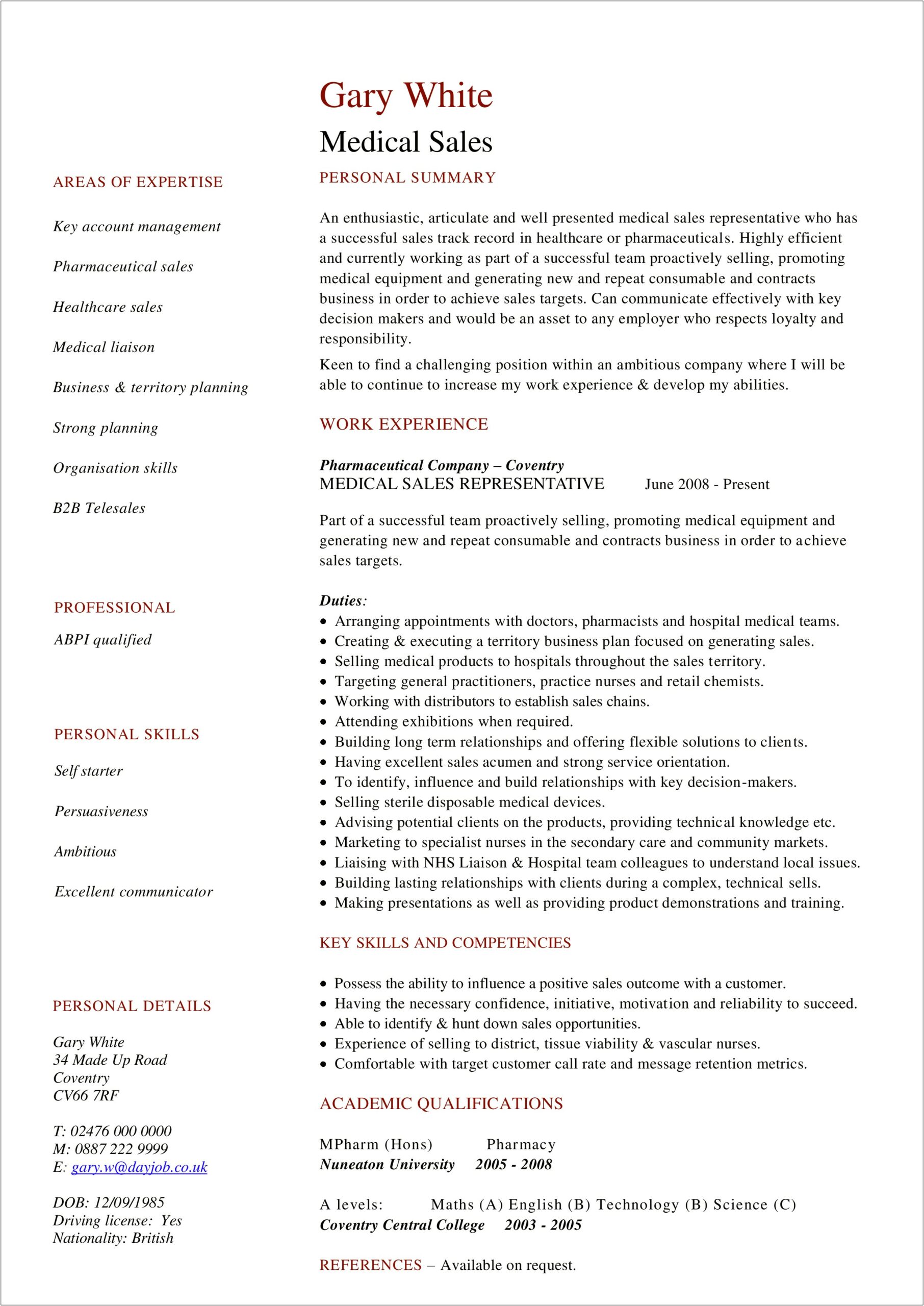 Medical Sales Device Resume Examples