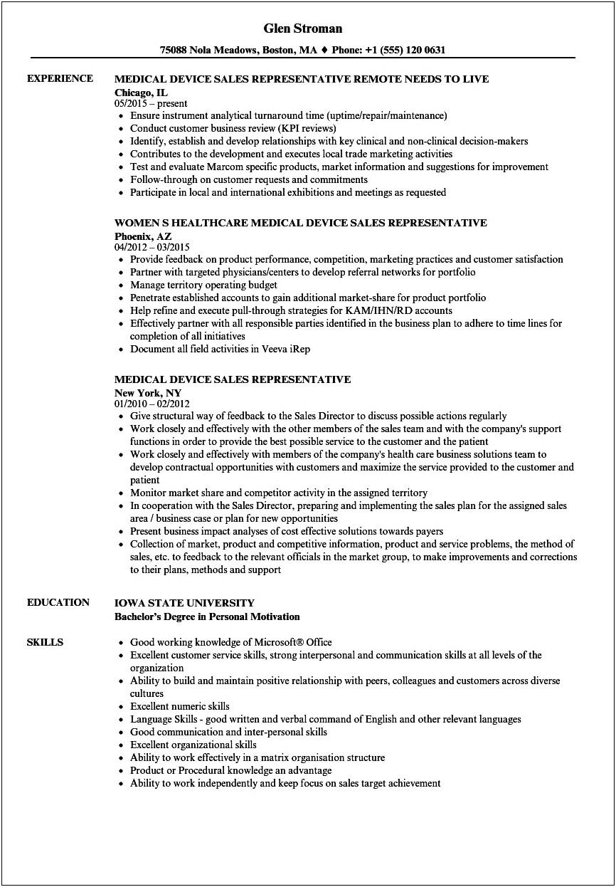 Medical Sales Rep Resume Objective