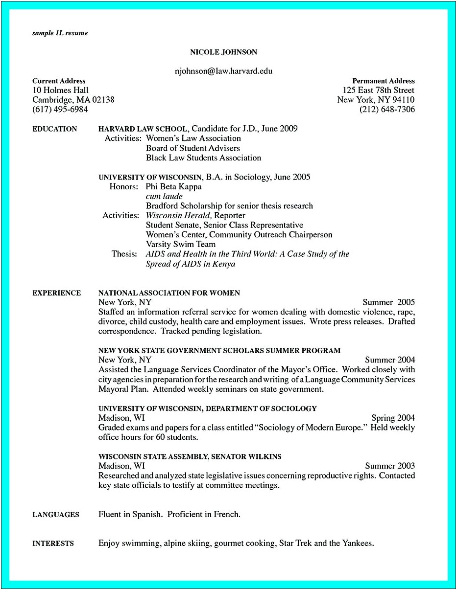 Medical School Admissions Resume Example