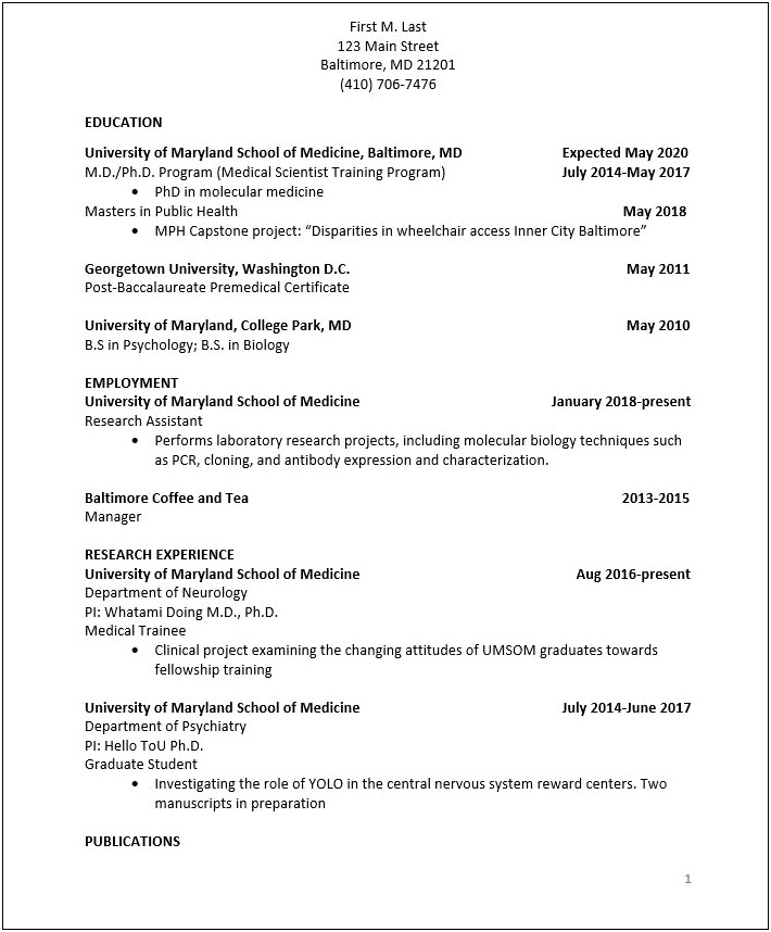 Medical School Application Sample Resume