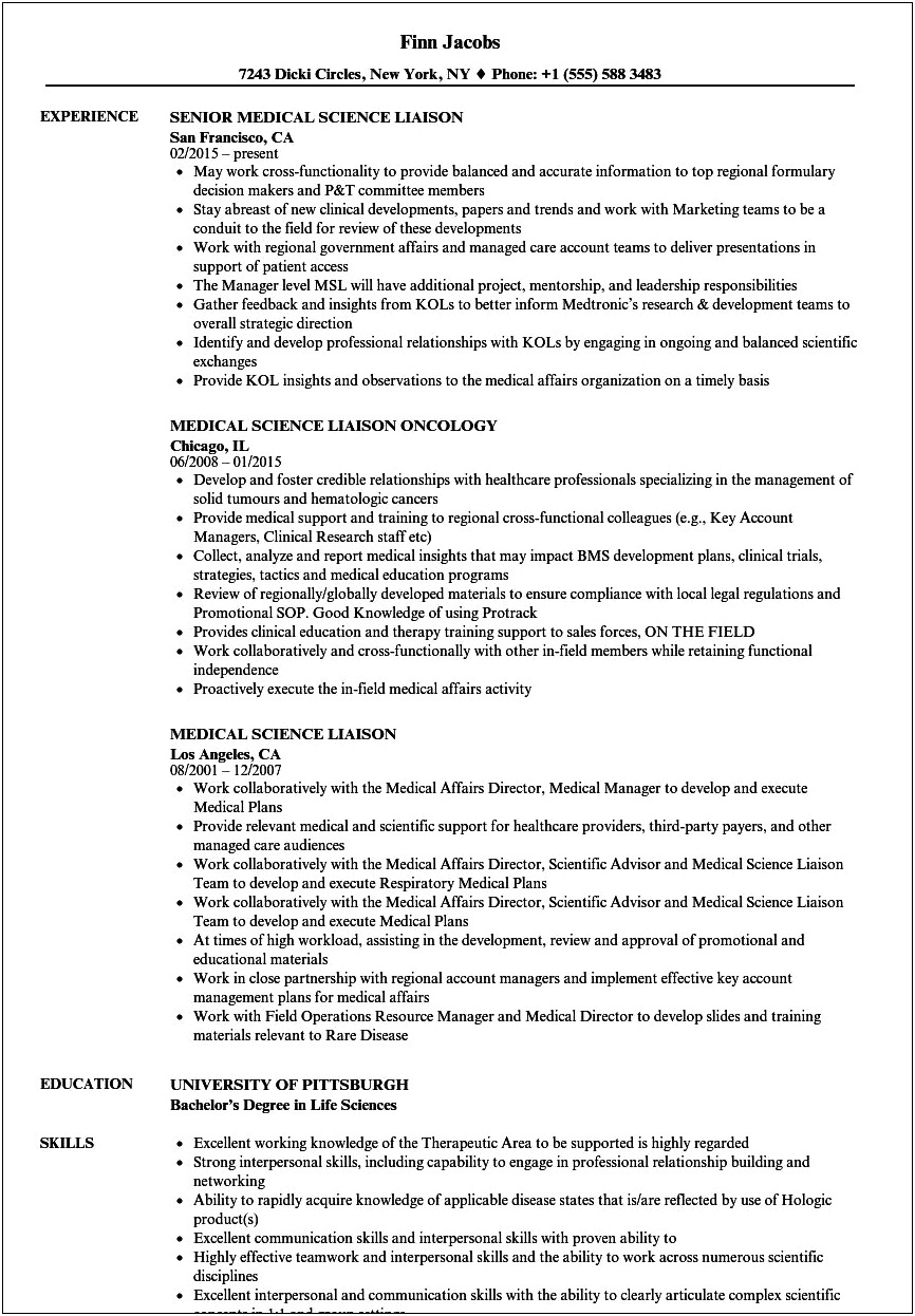 Medical Science Liaison Resume Cover Letter