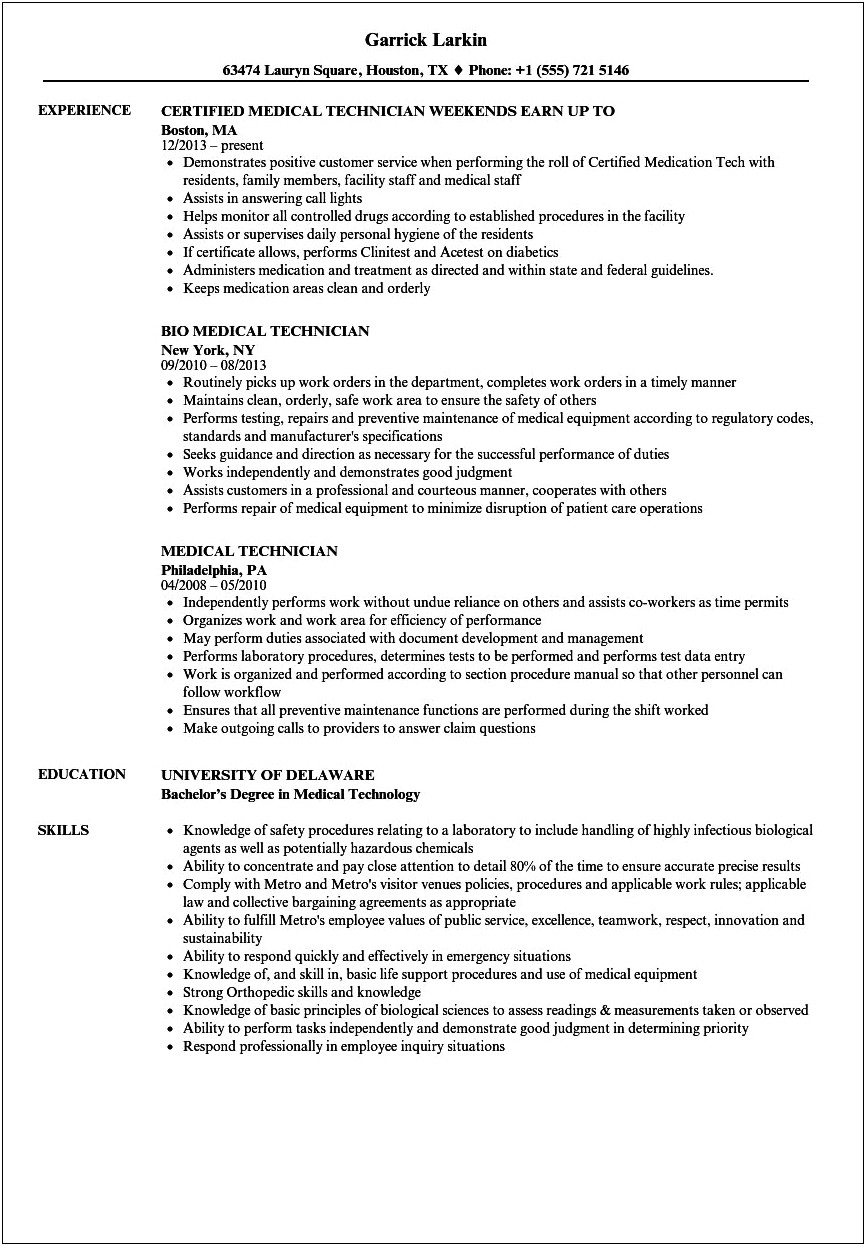 Medication Technician Job Description For Resume
