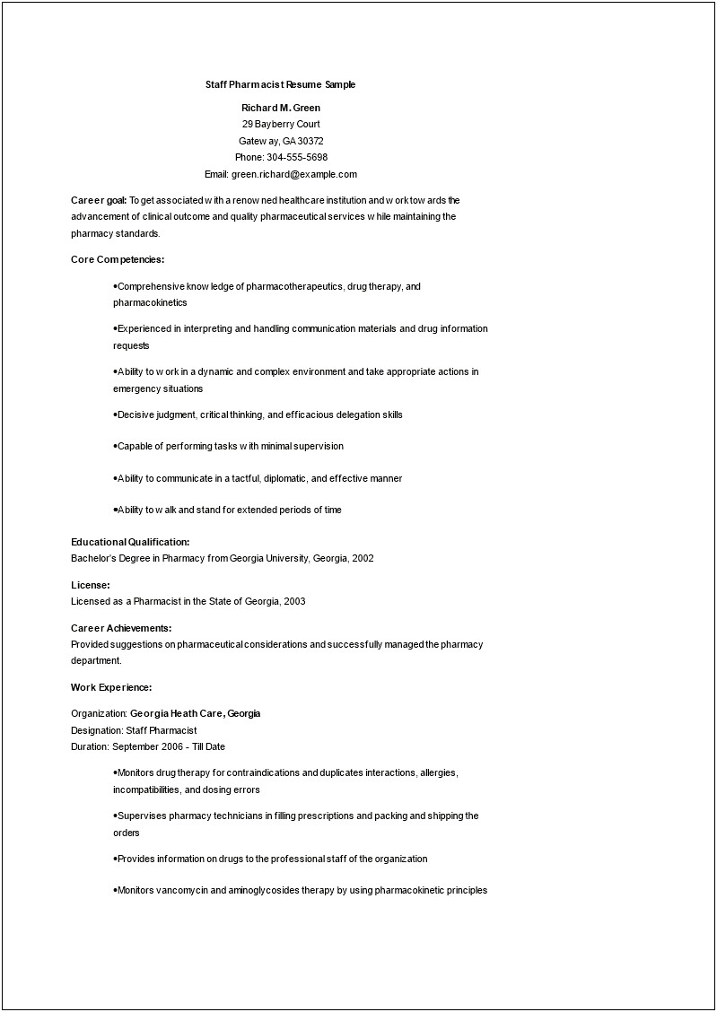 Medication Therapy Management Pharmacist Resume