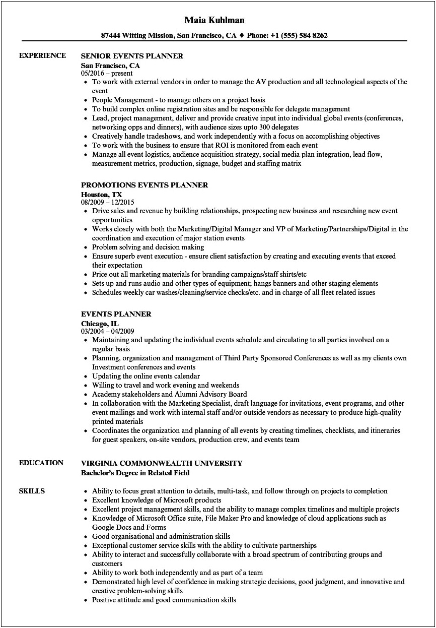Meeting Planner Job Description Resume