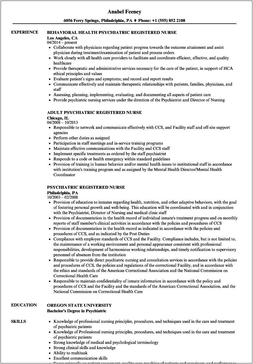 Mental Health Nursing Clinical Description For A Resume