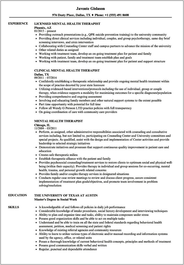 Mental Health Professional Resume Examples