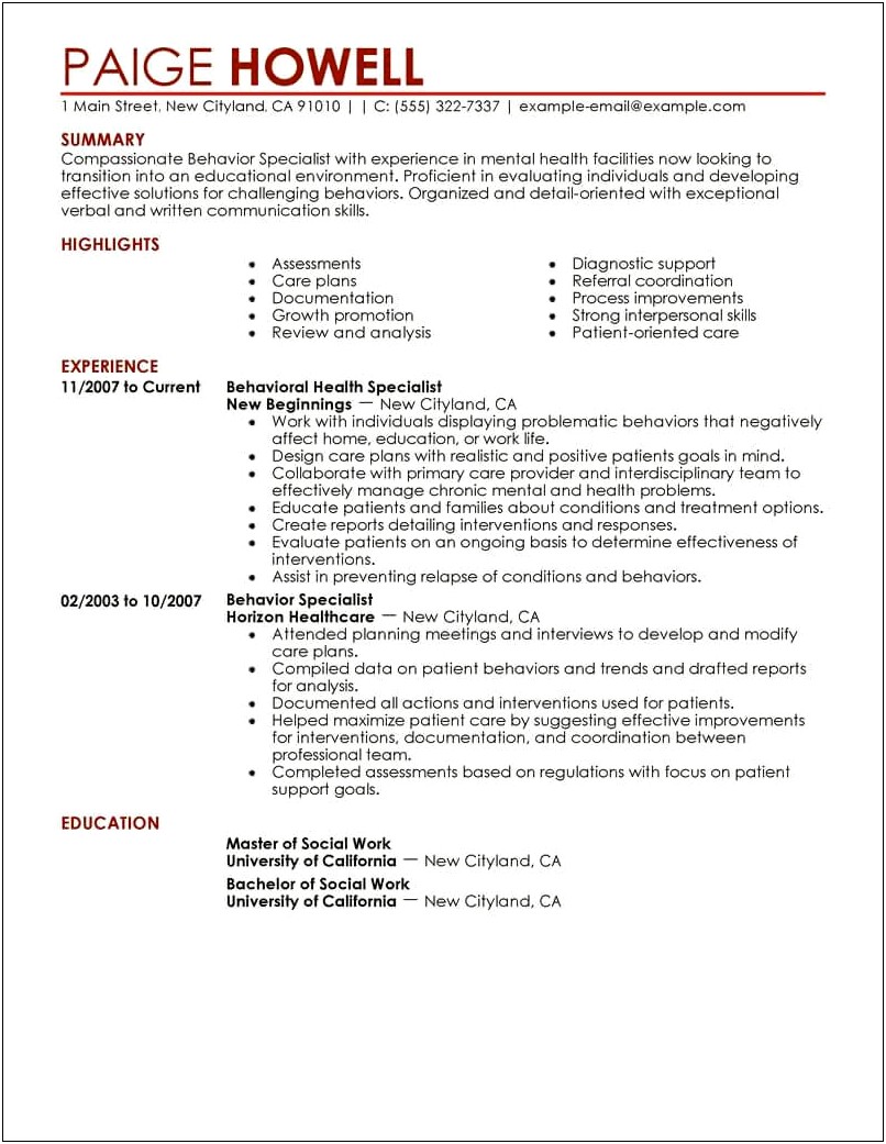 Mental Health Specialist Resume Objective