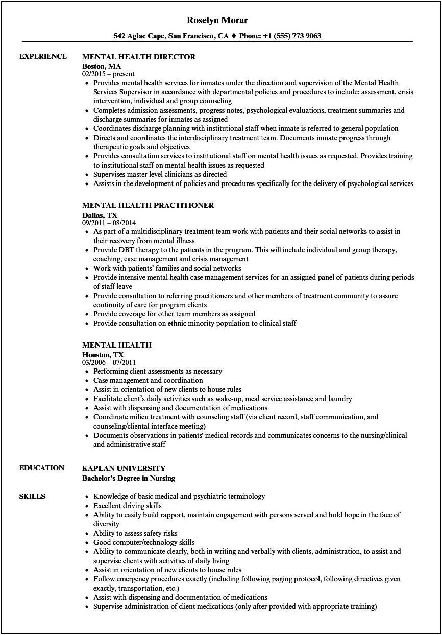 Mental Health Worker Job Description Resume