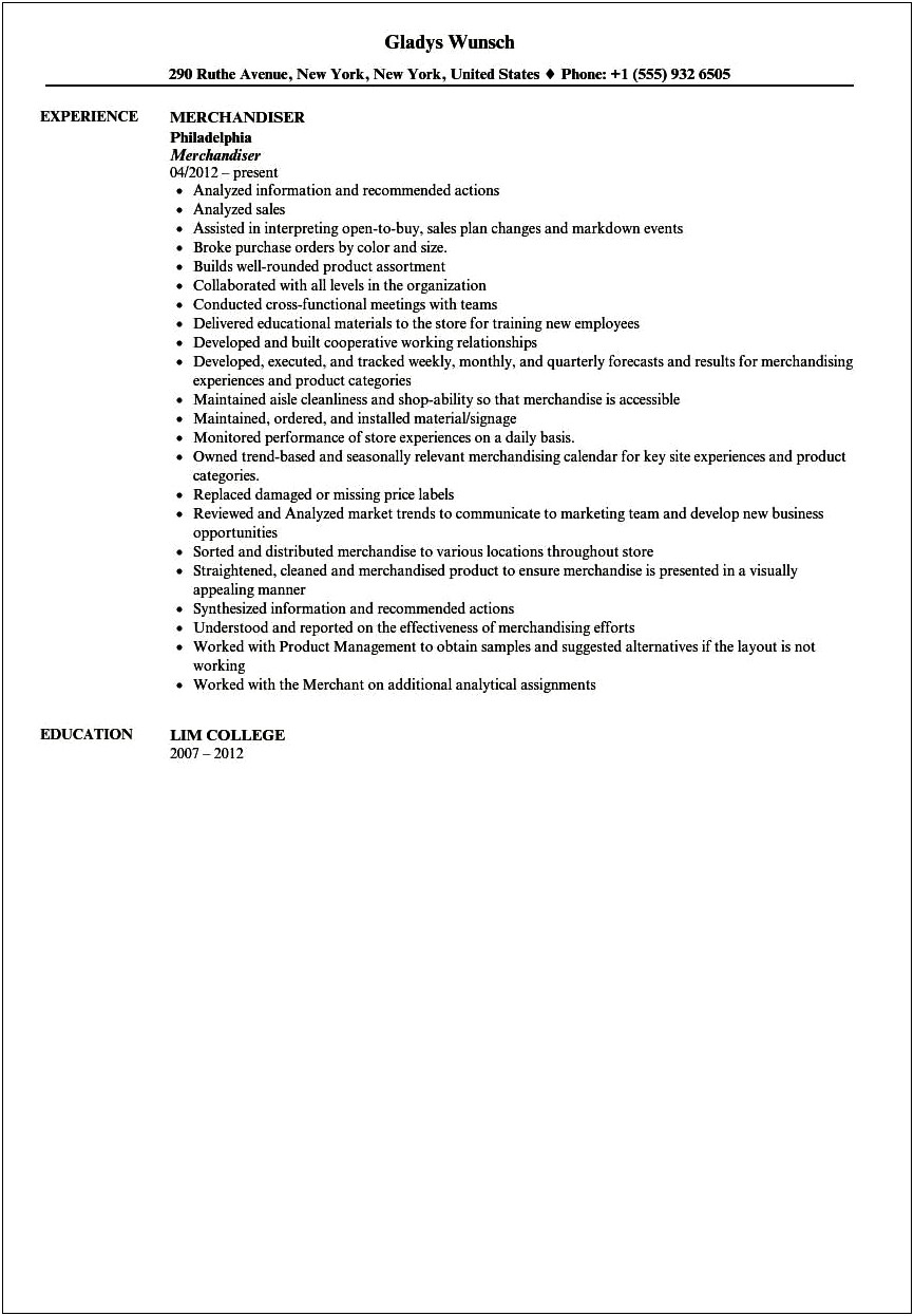 Merchandise Associate Job Description Resume