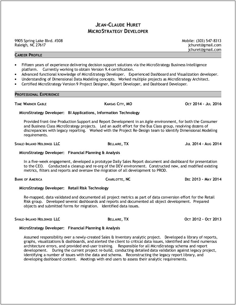Microstrategy Developer 2 Years Experience Resume