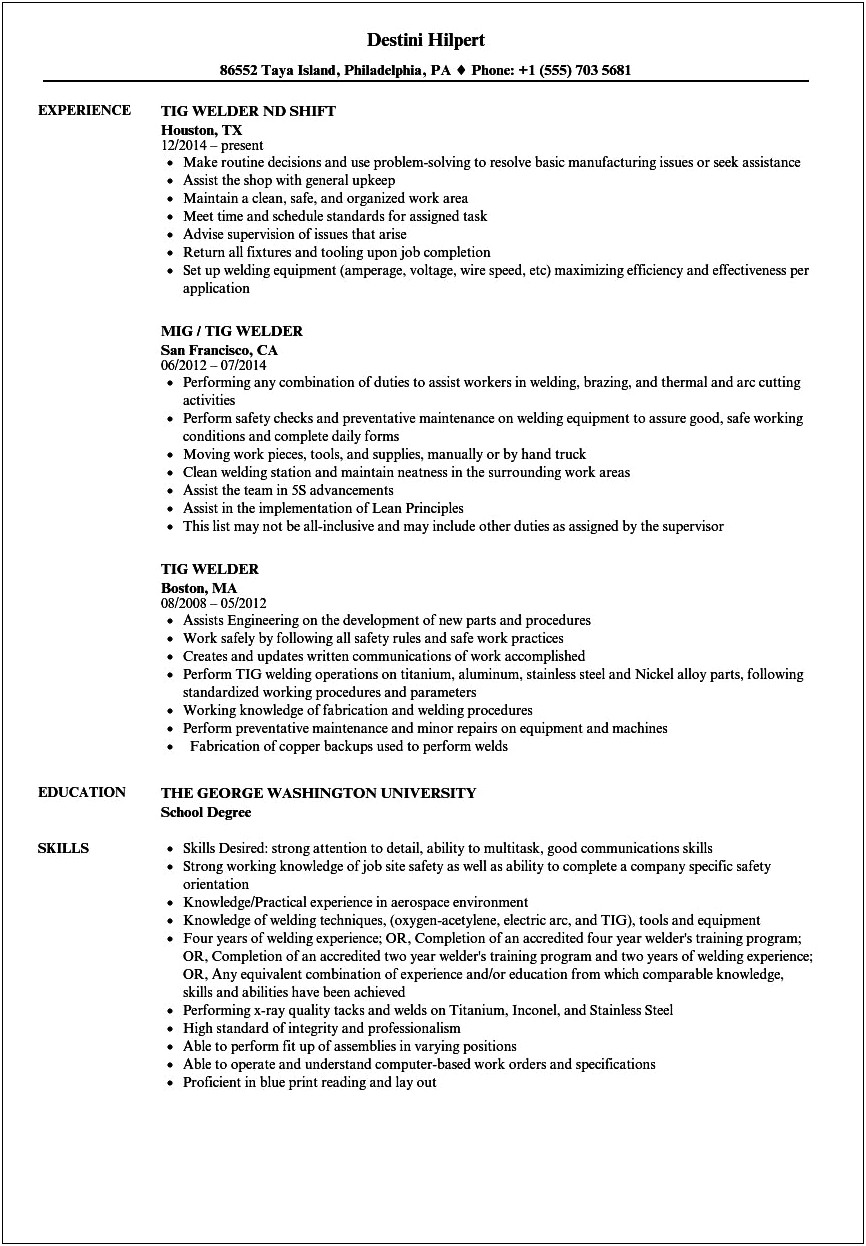 Mig Welder Job Description For Resume