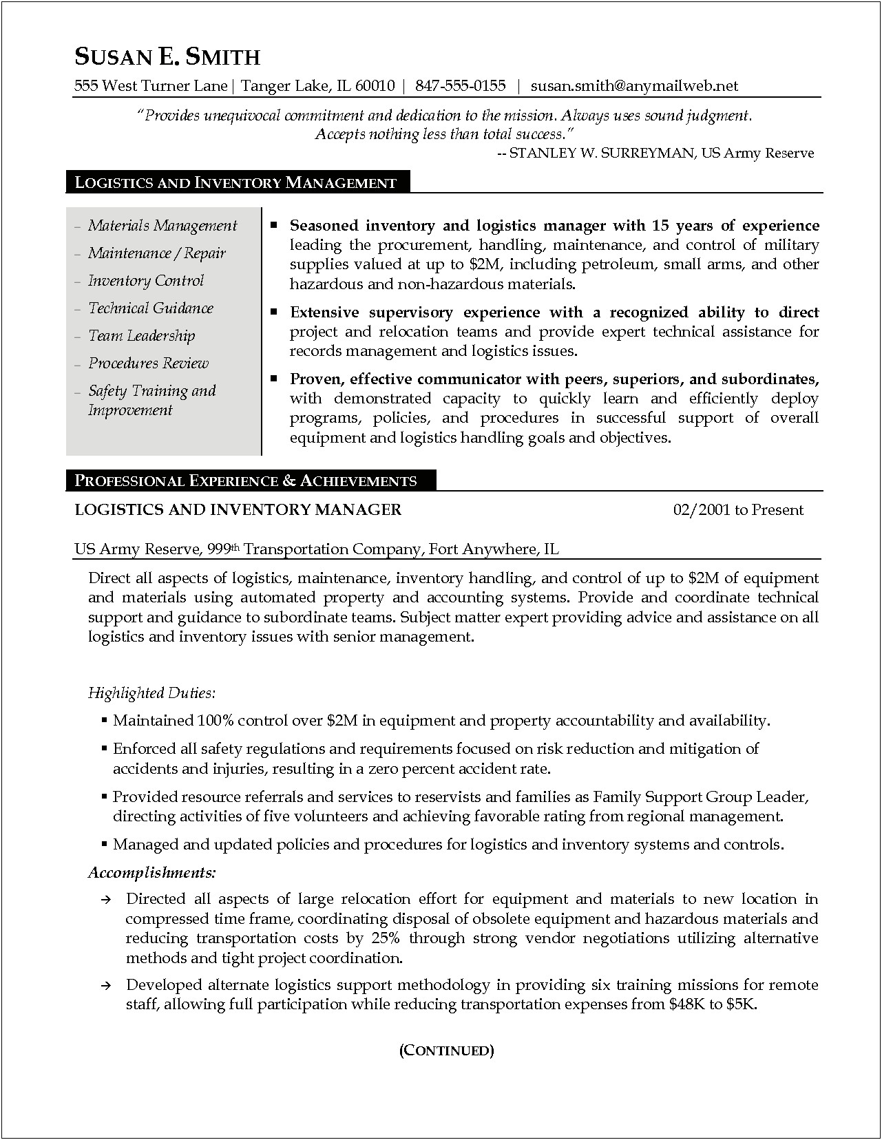 Military Administration Maintenance Resume Examples