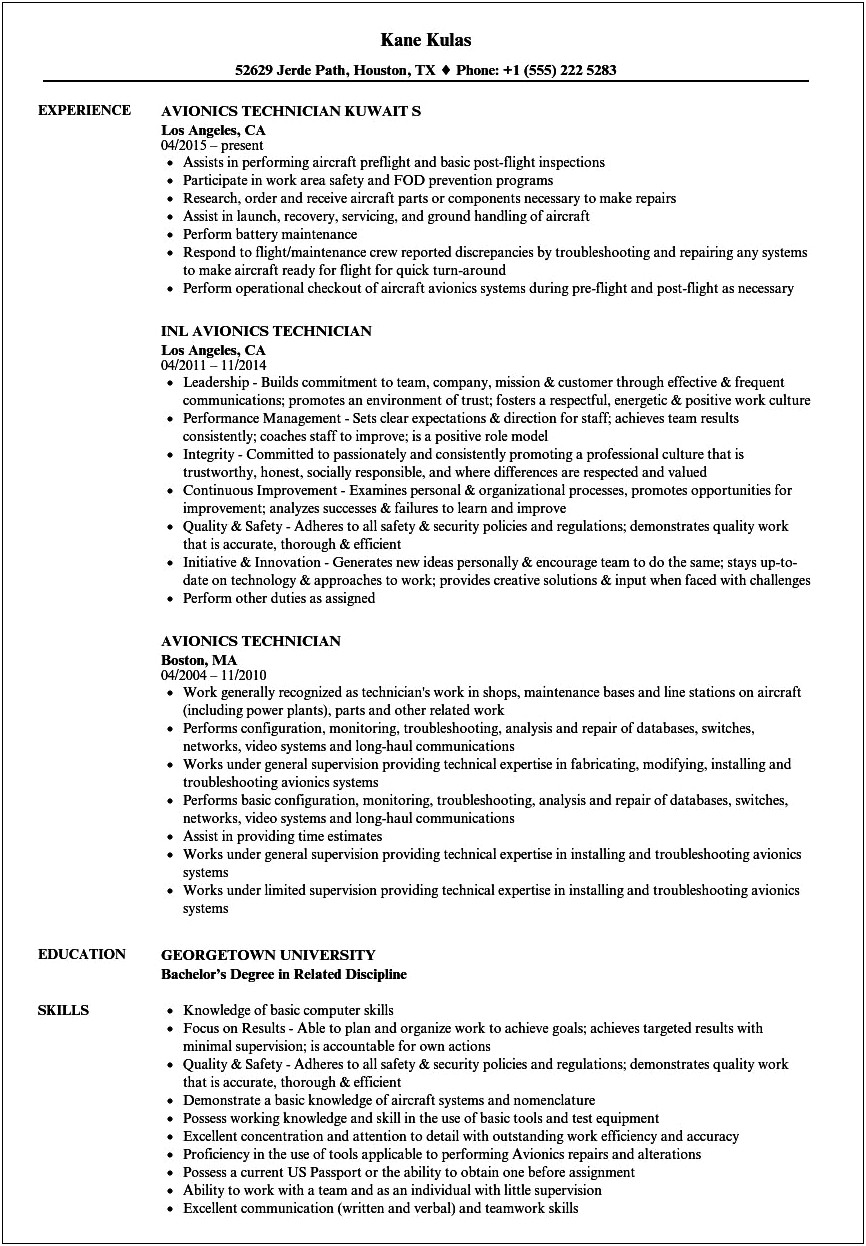 Military Electronics Technician Resume Examples