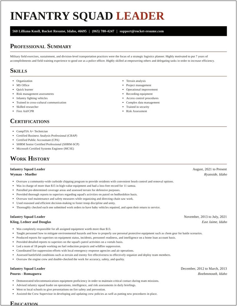 Military Resume Examples Infantry To Civilian