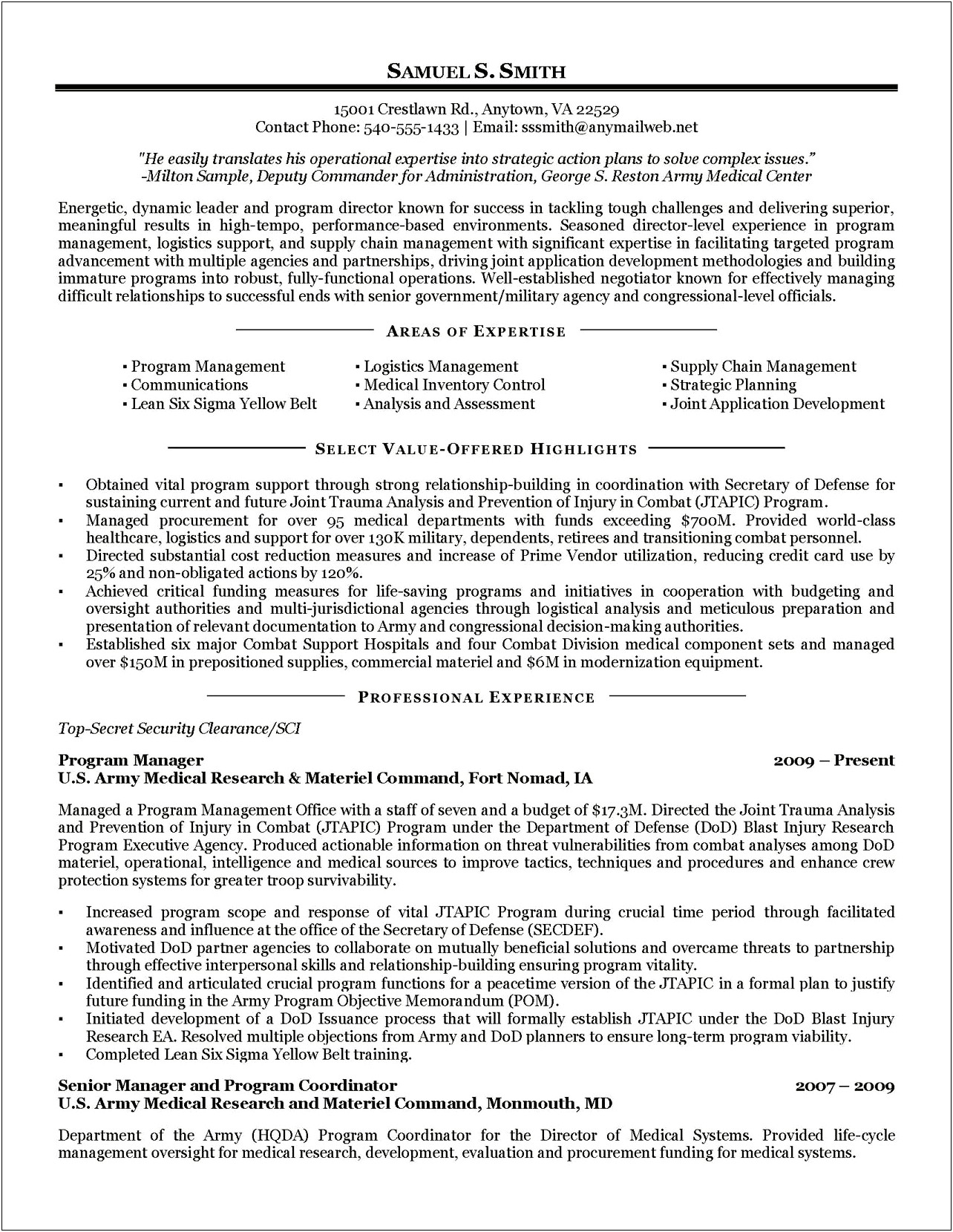Military Resume Qualifications Summary Examples