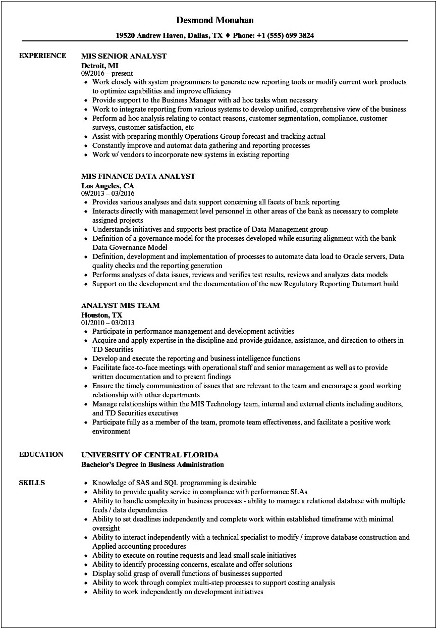 Mis Graduate Resume Example Download