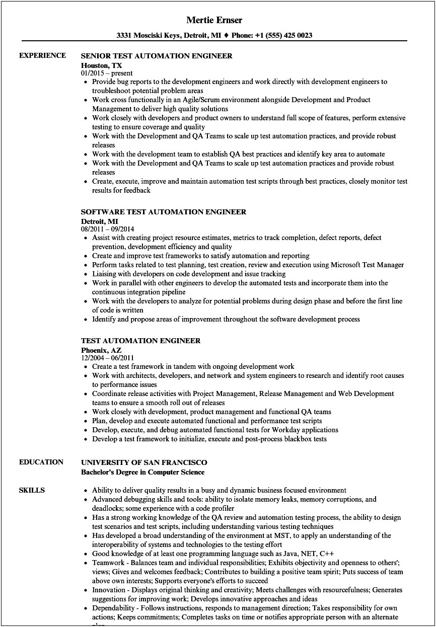 Mobile Automation Testing Sample Resume