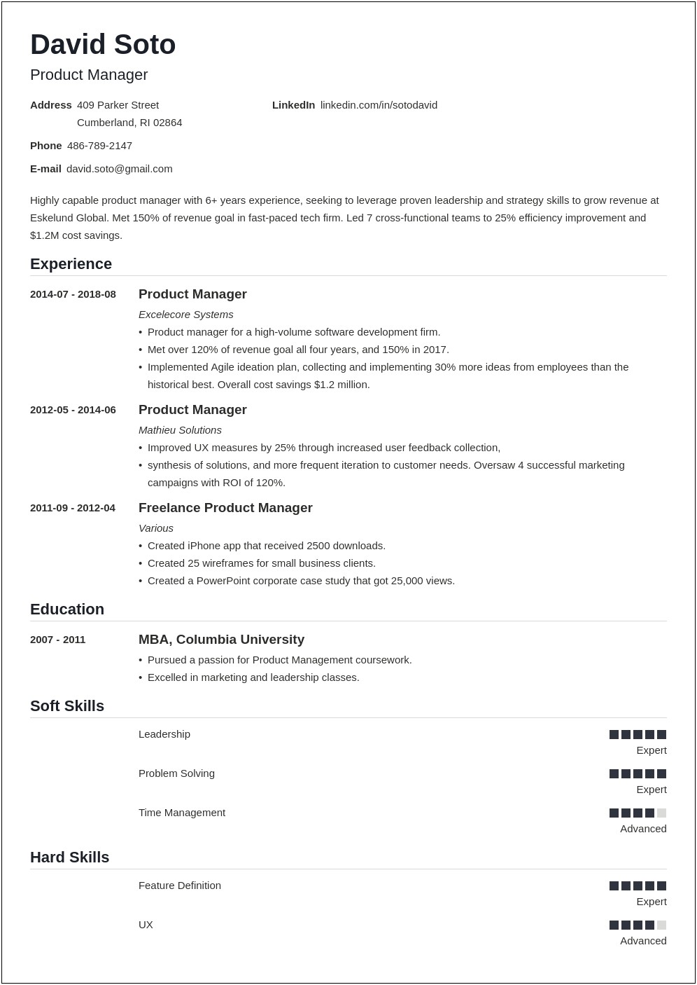 Mobile Product Manager Resume Sample