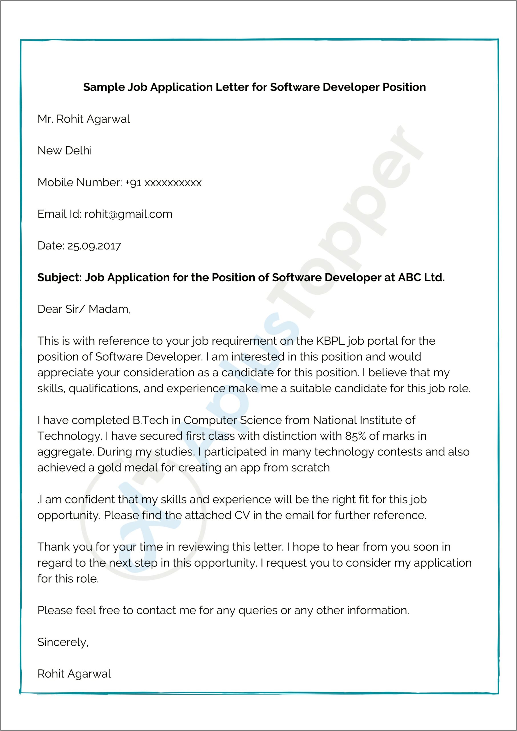Model Job Application Letter With Resume