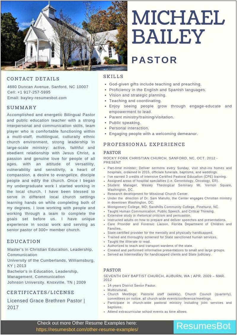 Modern Or Contemporary Church Resume Examples
