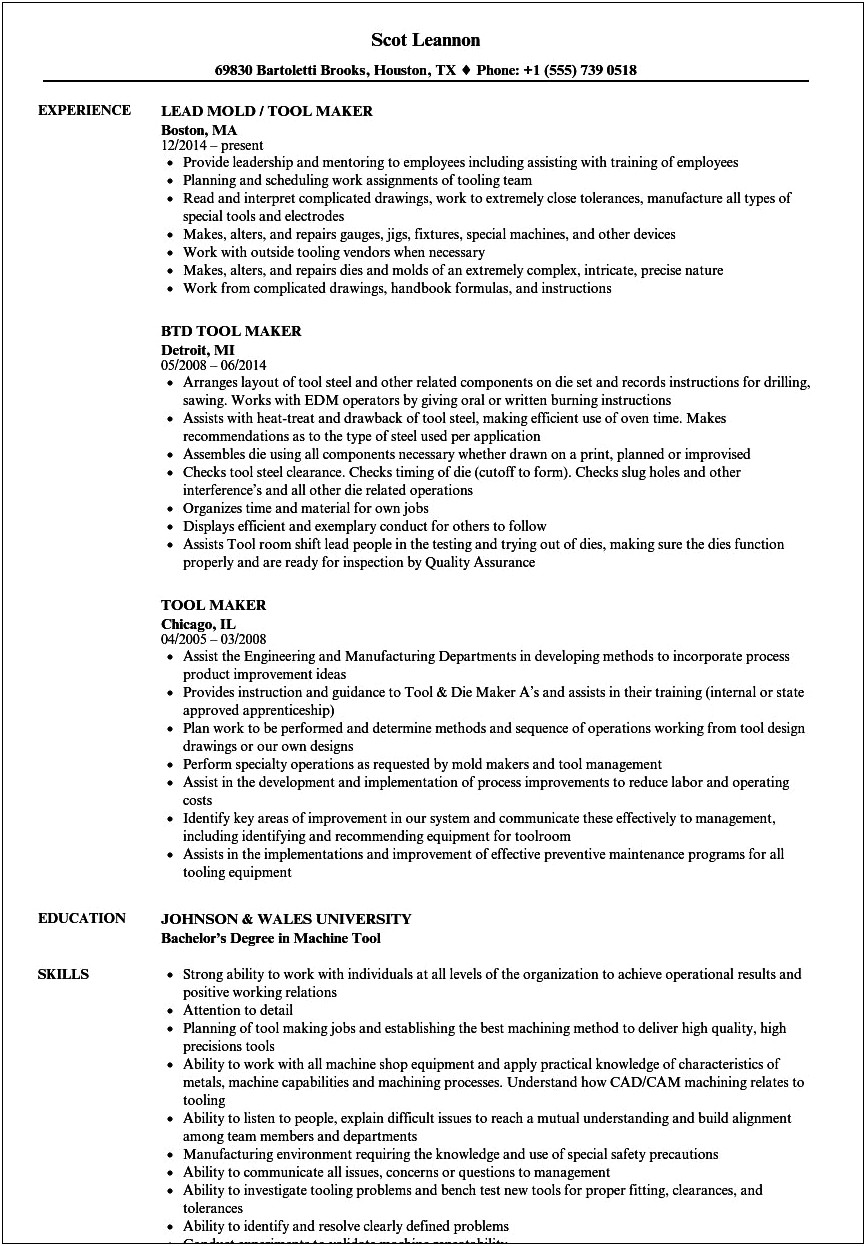 Mold Maker Job Description For Resume