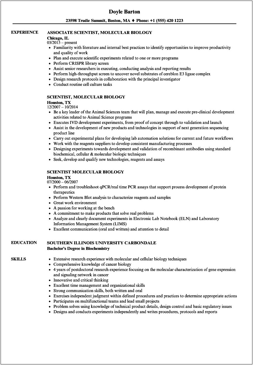Molecular And Cellular Biology Resume Example