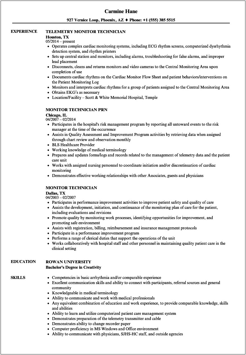 Monitoring Room Technician Resume Examples