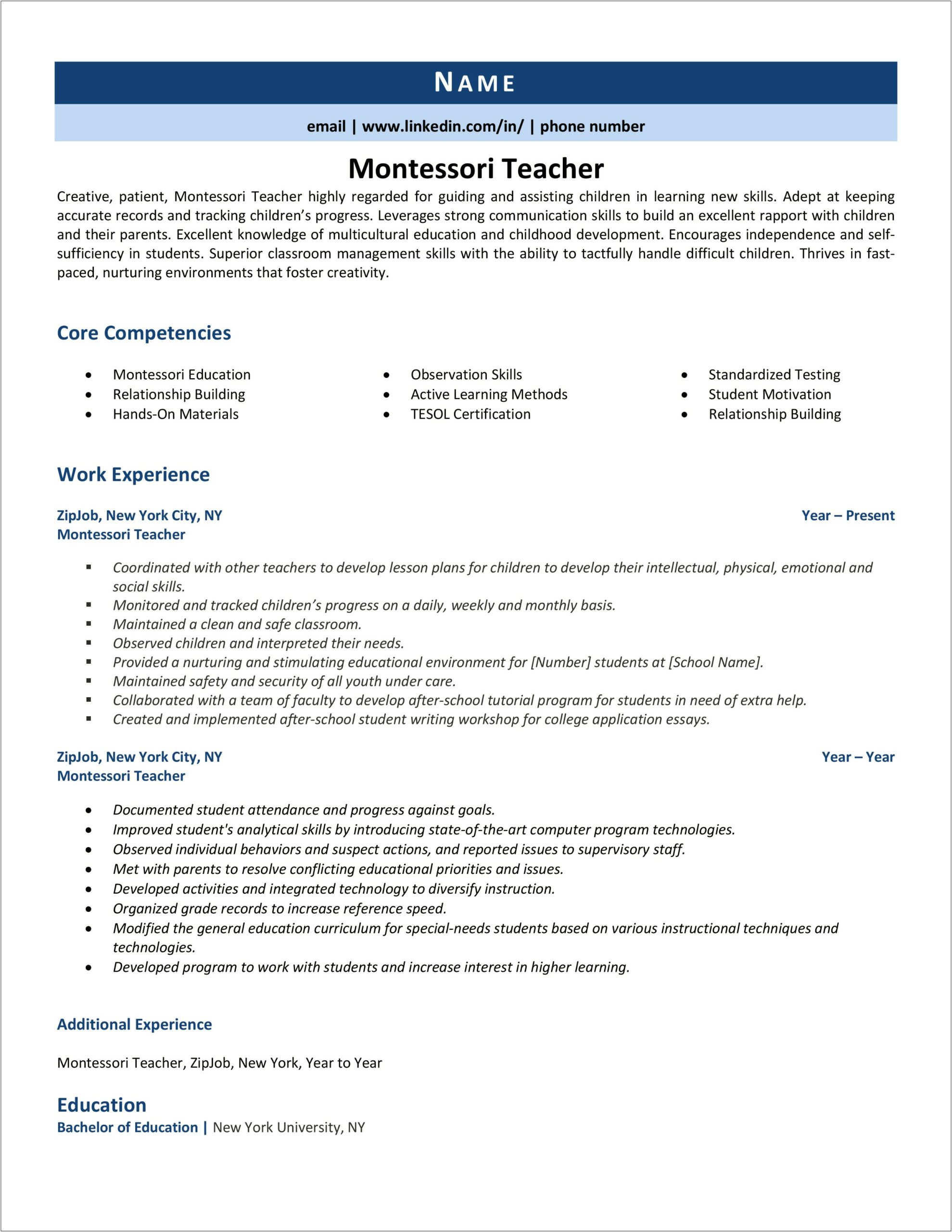 Montessori Teacher Assistant Resume Samples
