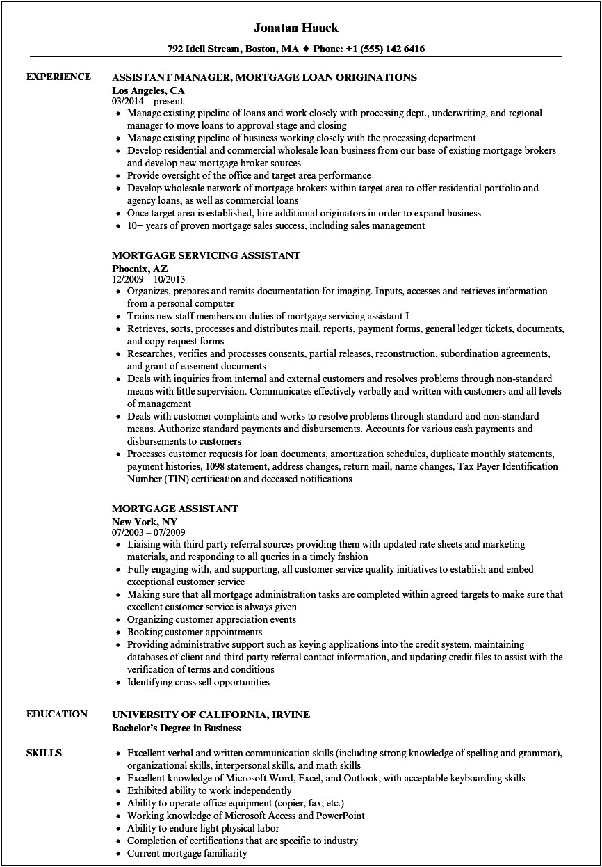 Mortage Comapny Office Assistant Resume Wording