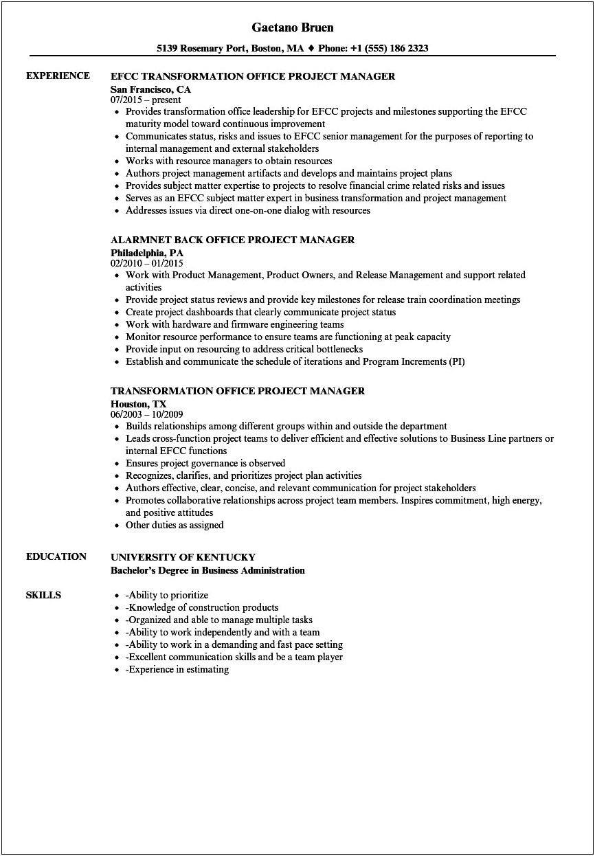 Ms Project Management In Resume