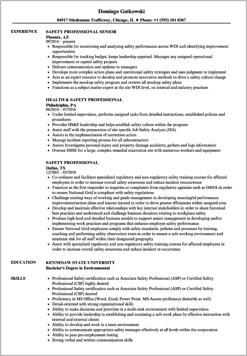 Msha Certified Safety Professional Objective Statement For Resume