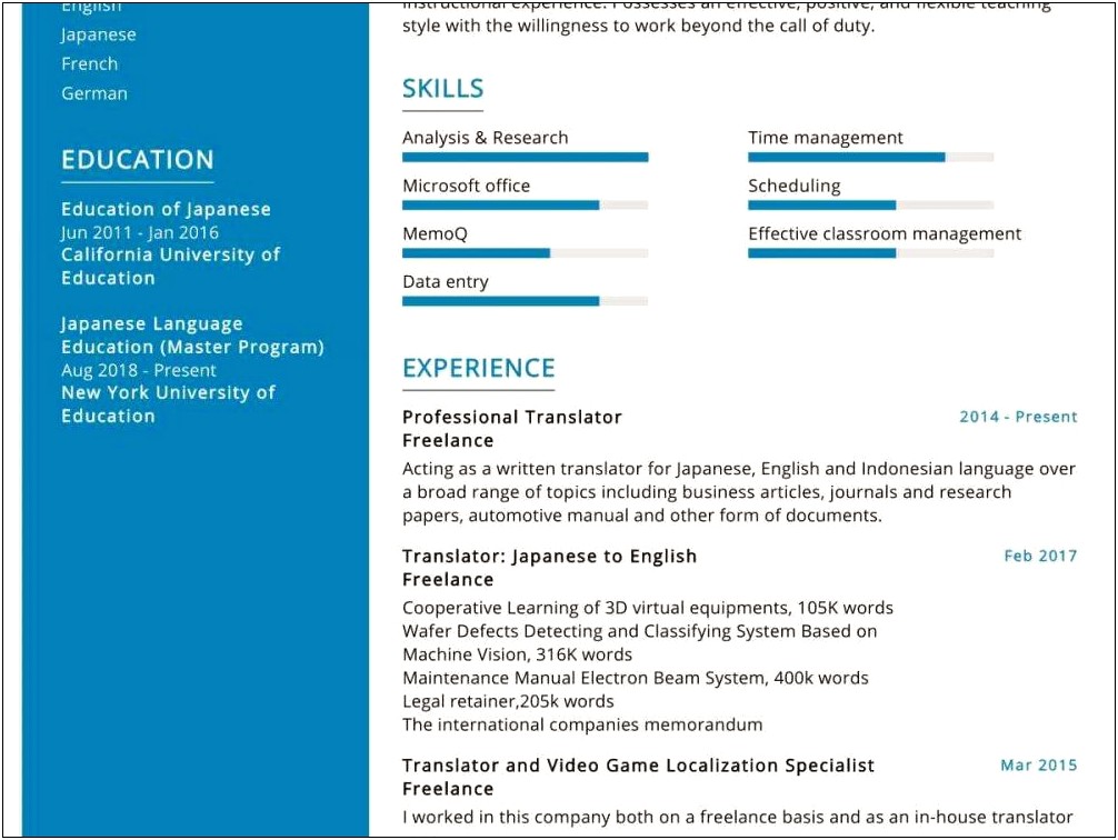 Multilingual Freelance Translators Resume Sample