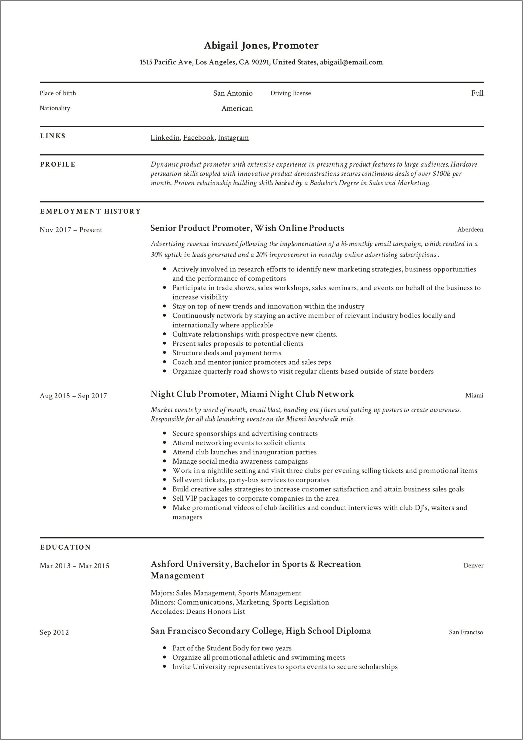 Music Promoter Job Description For Resume