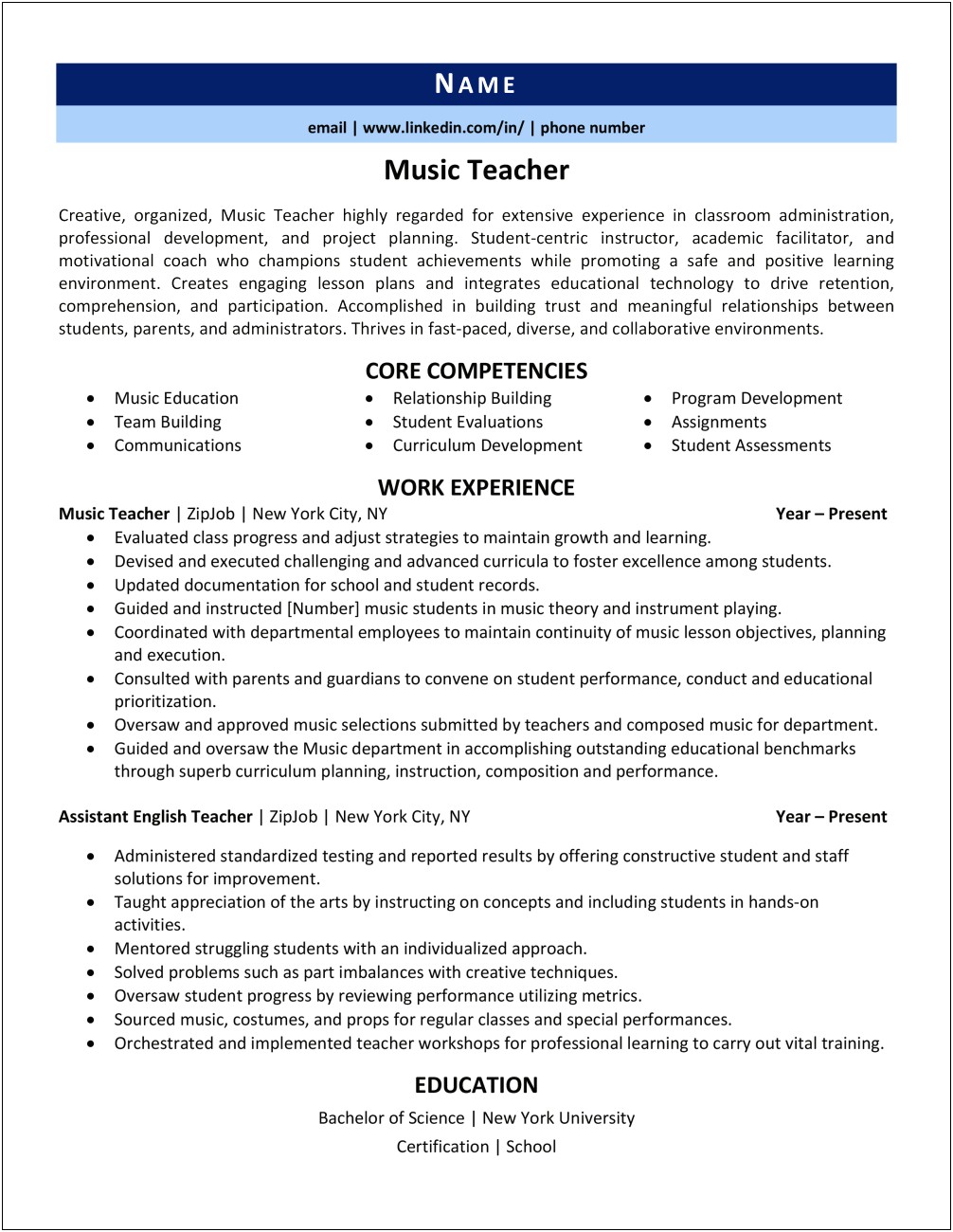 Music Teacher Resume Objective Examples