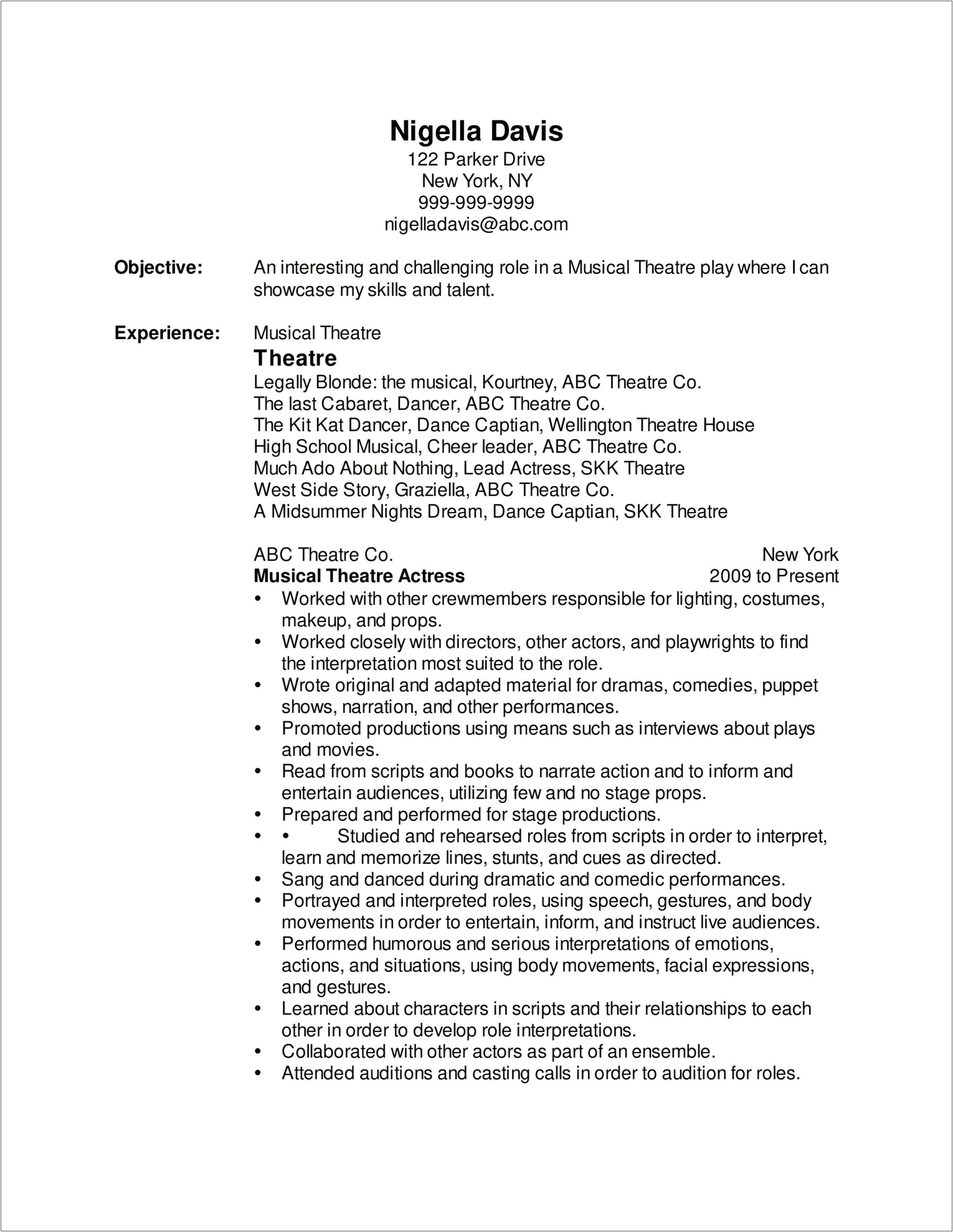 Musical Theatre Resume For Middle School
