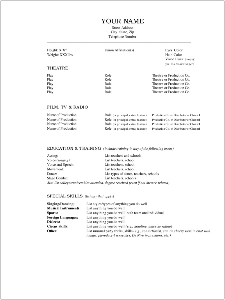 Musical Theatre Resume Template Word Doc